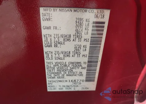 2018 Nissan Murano Sv from USA, damaged, VIN 5N1AZ2MH1JN168770